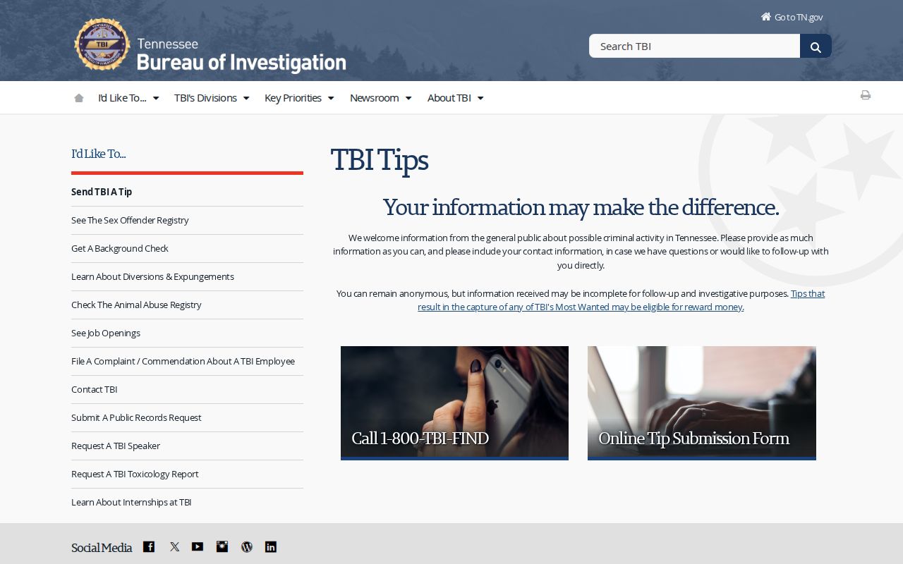 TBI anonymous tip options relevant to Jackson County most wanted information